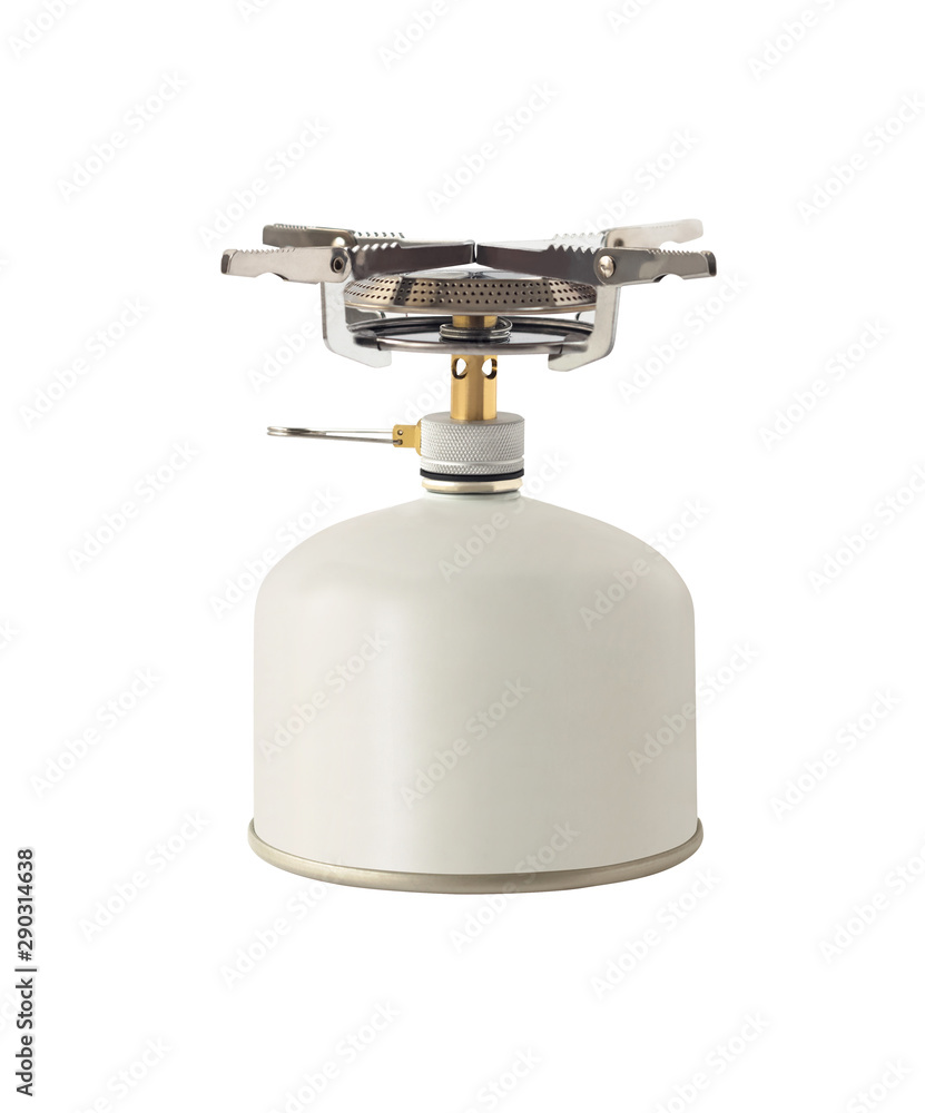 Camping gas stove and canister isolated on white background. Travel equipment Camping gas stove and canister isolated on white background. Travel equipment