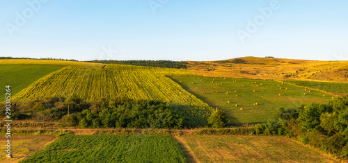 Countryside landscape with bales of hay and blue sky 