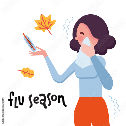Lettering Flu Season and illustration of sick man with running nose, blowing her nose with wipe handkerchief - ill with infection, allergy, flu or fever. Influenza. Catch a cold.