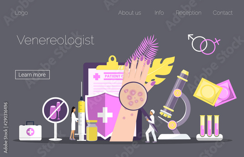 Venereologist landing page. Tiny doctors treat syphilis, gonorrhea, sexually transmitted diseases, infections risk. photo