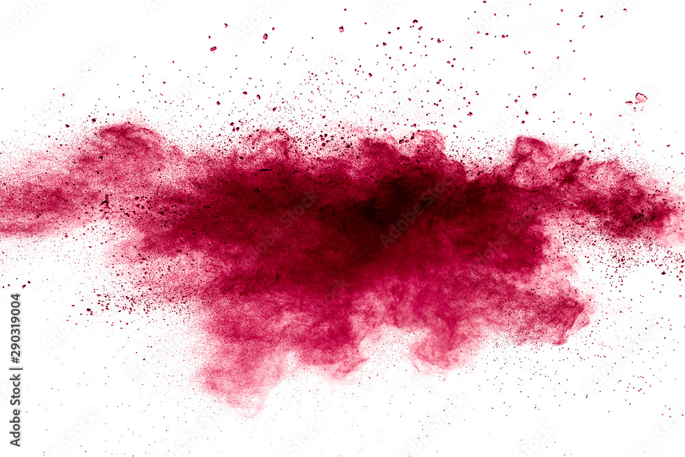 Red powder explosion on white background. Freeze motion of red dust particles splash.
