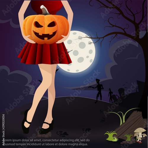 Halloween illustration. The girl in the cemetery holding a pumpkin