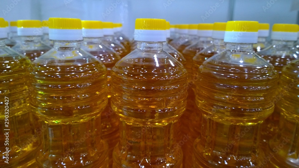 Rows of bottles of sunflower or olive oil. Fresh natural farm products for delivery to a supermarket, local market or fair. Organic food background. Rich autumn harvest. High quality.