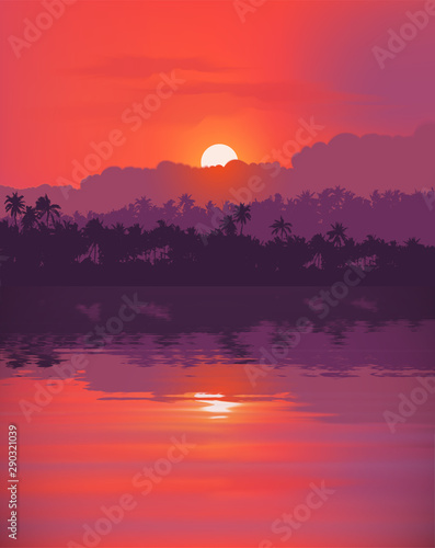 Red colors tropical sunset with palm trees, clouds and water reflection. Vector poster background illustration