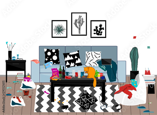 When the party is over. Messy room vector illustration