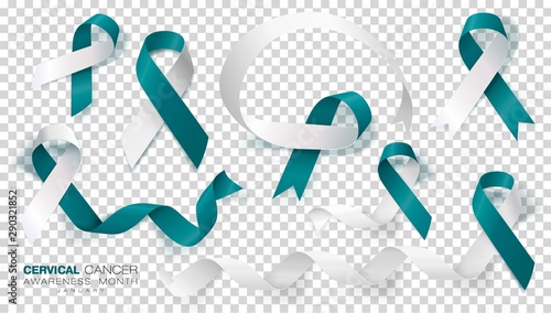 Cervical Cancer Awareness Month. Teal And White Ribbon Isolated On Transparent Background. Vector Design Template For Poster. Illustration.