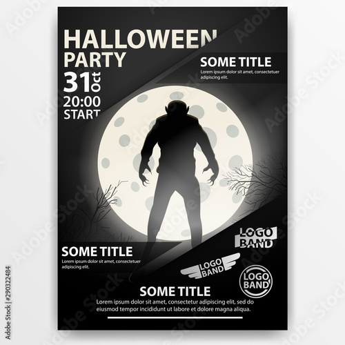Poster: "Helloween party". Dark poster with a werewolf on the background of the moon.