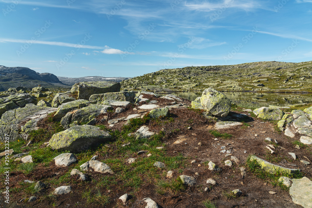 Mountain tundra green landscape, Norway. Way to Trolltunga rock.