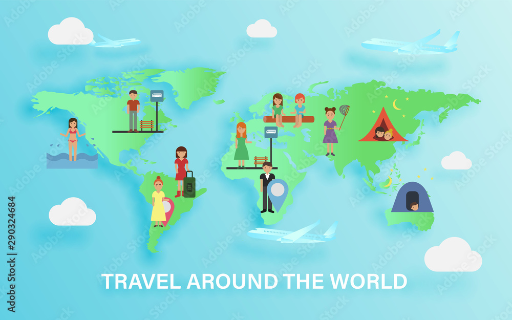 Set of people traveling around the world