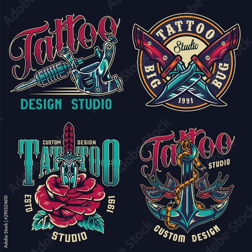 Vintage tattoo studio colorful labels