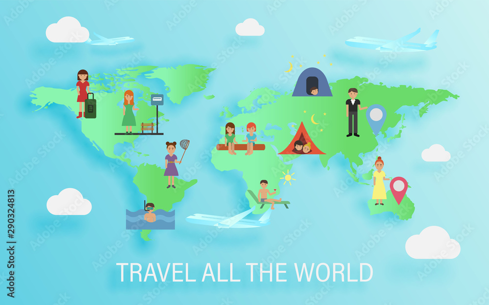Set of people traveling around the world Set of people traveling around the world