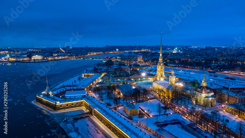 Russia. Panorama of St. Petersburg from a height. The center of Petersburg in the evening. Petropavlovskaya fortress.Paul's Cathedral. Fortress wall.Neva. Rivers Of Petersburg. Petropavlovsk cathedral © Grispb