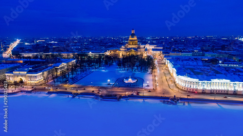 Winter in Russia. Evening Petersburg. Panorama of the city from a height. Sights Of St. Petersburg. Isaakievsky cathedral. Bronze horseman. Neva embankment. Visit card of the city.