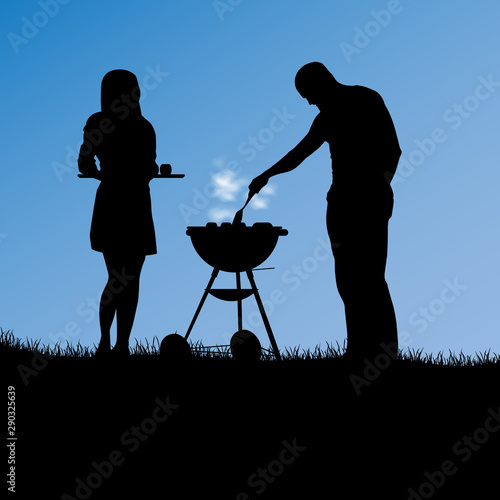 Barbecue poster with silhouette of woman man and grill template
