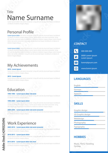 Professional personal resume cv with blue highlight template