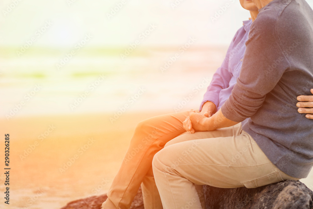 An elderly couple sitting on a log at the beach holding hands.An elderly couple on holiday at the sea.An elderly couple on holiday at the sea.Vintage tone