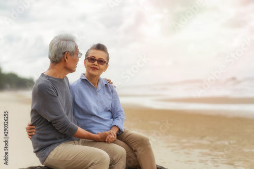 "The elderly couple sit on a relaxing hug on the wooden seas, lifting the hand, pointing forward.An elderly couple sitting on a log at the beach hugging each other..Man hand pointing forward.