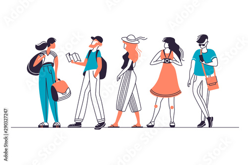 Vector set of urban touristic people characters, men and women in different poses.