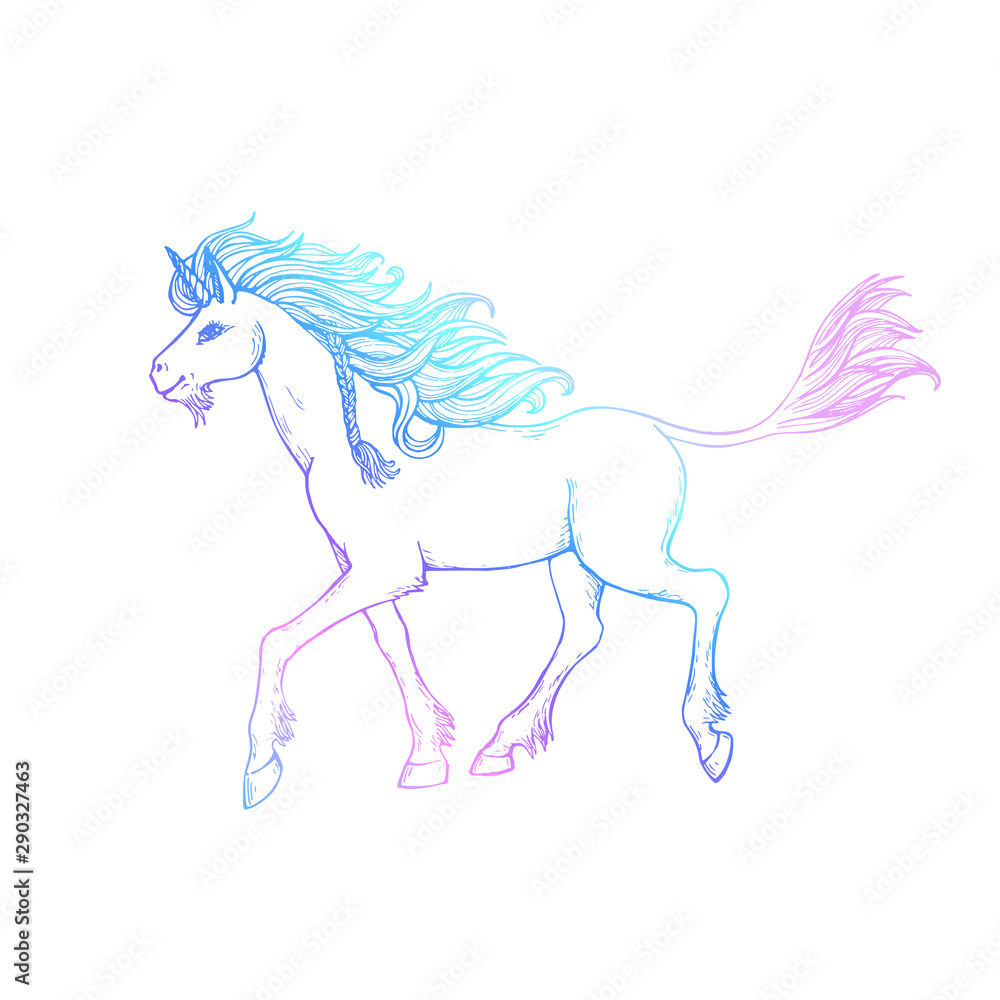 Walking unicorn with flowing mane and tail against the background of a rainbow circle. hand drawn illustration. Walking unicorn with flowing mane and tail against the background of a rainbow circle. hand drawn illustration.