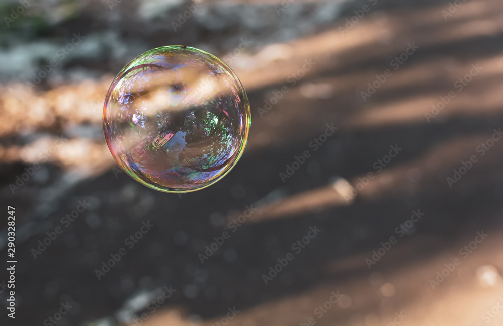 Coloured translucent soap bubble floating in the air with reflection of trees, sky and building on sunny evening. Calm background with soap bubbles closeup. Soft dreamy image. Coloured translucent soap bubble floating in the air with reflection of trees, sky and building on sunny evening. Calm background with soap bubbles closeup. Soft dreamy image.