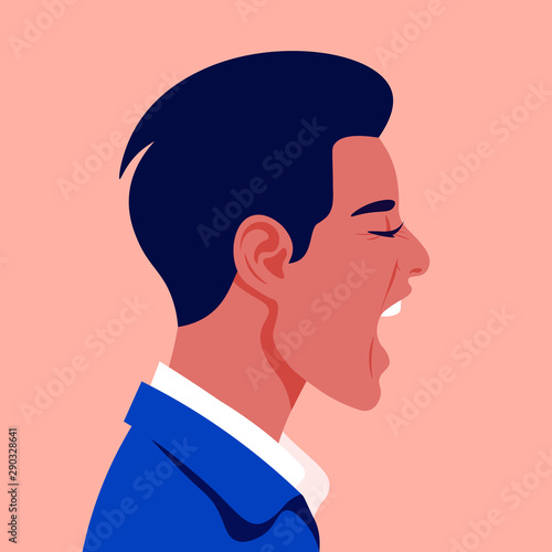 Screaming man's face in profile. Head of a guy in stress on the side. Aggression and irritation. Vector flat illustration