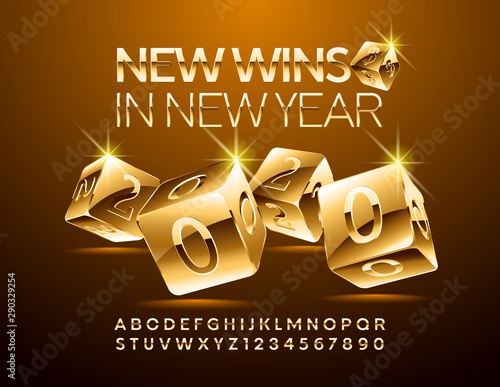 Vector Greeting Card wishing New Wins in New Year 2020. Luxury Alphabet Letters and  Numbers. Elegant Golden Font.