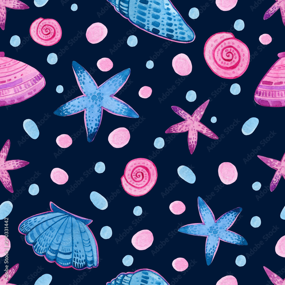  Seamless watercolor pattern of shells and starfish on dark blue background. Elements are painted in pink and blue colors.