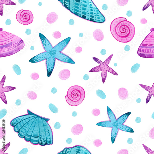 Seamless watercolor pattern of shells, starfish and bubbles on white background.