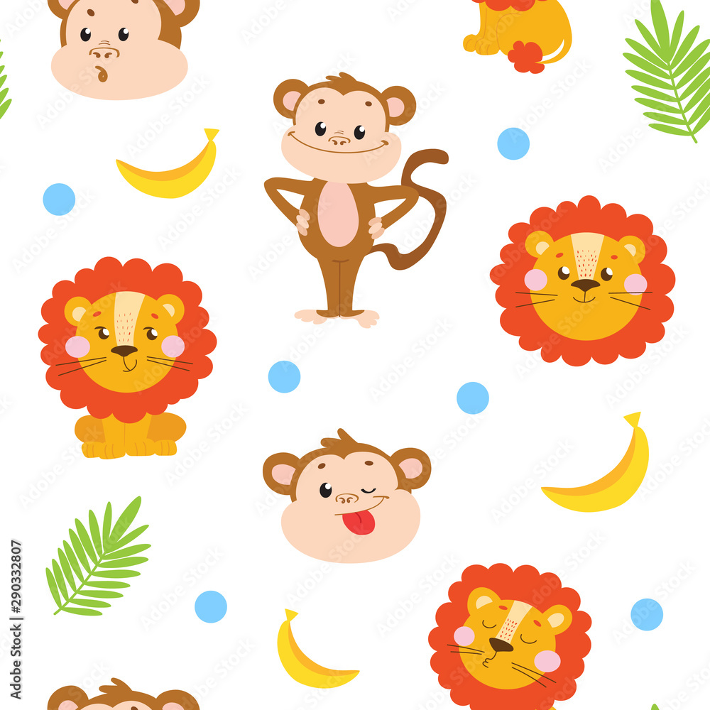 Fototapeta premium Bright colorful seamless jungle pattern with funny monkey and cute lion