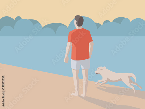 Man walks along the seashore with his dog and enjoys the view