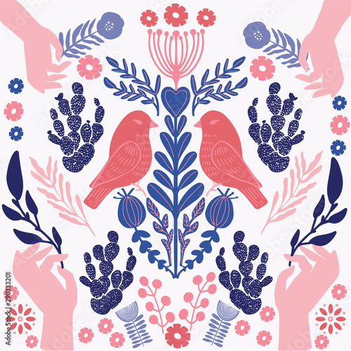 Scandinavian pattern with birds and flowers