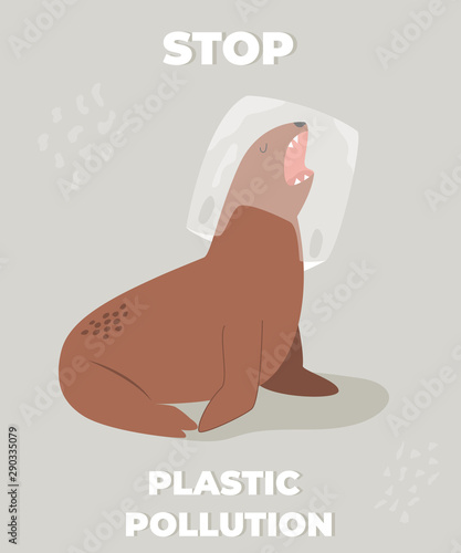 Stop ocean polluting agitational poster with sea lion. Save ocean eco banner