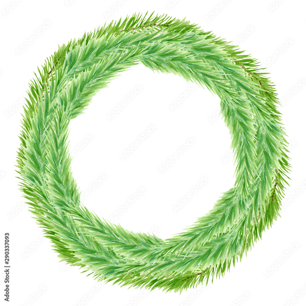 Watercolor green Christmas wreath with spruce branches. Hand drawn minimalistic door decoration isolated on white background. Round frame template for greeting cards, holiday design Watercolor green Christmas wreath with spruce branches. Hand drawn minimalistic door decoration isolated on white background. Round frame template for greeting cards, holiday design