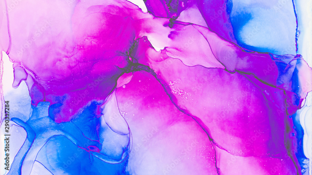 Fantasy light blue, pink and purple alcohol ink abstract background. Bright liquid watercolor paint splash texture effect illustration for card design, modern banners, ethereal graphic design.