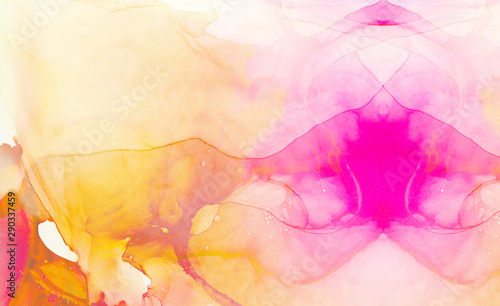 Light pink and orange alcohol ink abstract background. Flow liquid watercolor paint splash texture effect illustration for card design, modern banners, ethereal graphic design