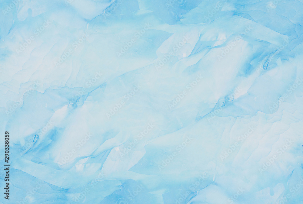 Obraz premium Modern light sky blue alcohol ink abstract background. Flow liquid watercolor paint splash texture effect illustration for card design, banners, ethereal graphic design