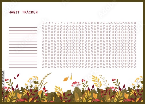 Habit tracker for month flat vector template. .Autumn leaves themed blank, personal organizer with decorative frame. Fall season floral border with stylized lettering