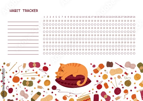 Habit tracker for month flat vector template. .Knitting themed blank, personal organizer with decorative frame. Adorable kitten sleeping on knitted pillow flat illustration with text space.