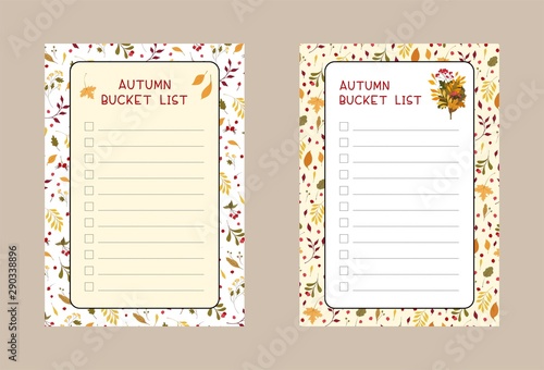 Autumn bucket lists flat vector templates set. Weekly and daily .planner pages designs pack. Diary, notepad checklist layout