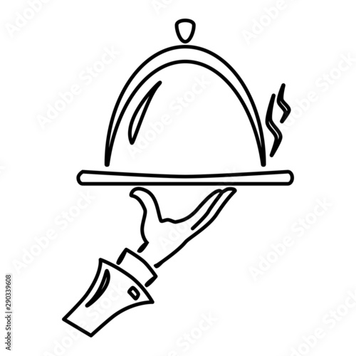 Covered food tray on a hand of hotel room service vector icon