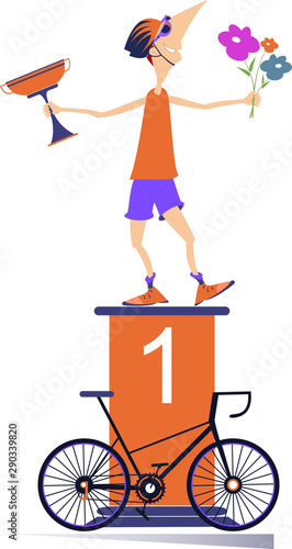 Cyclist, podium of the winner and bike illustration. Cheerful cyclist stands on the podium and holds a winner cup and flowers isolated on white illustration