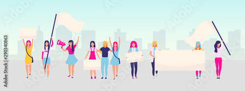 Women empowerment protest flat vector illustration. Feminist demonstration, girl power movement concept. Feminism, women rights protection. Female activists holding blank placards cartoon characters