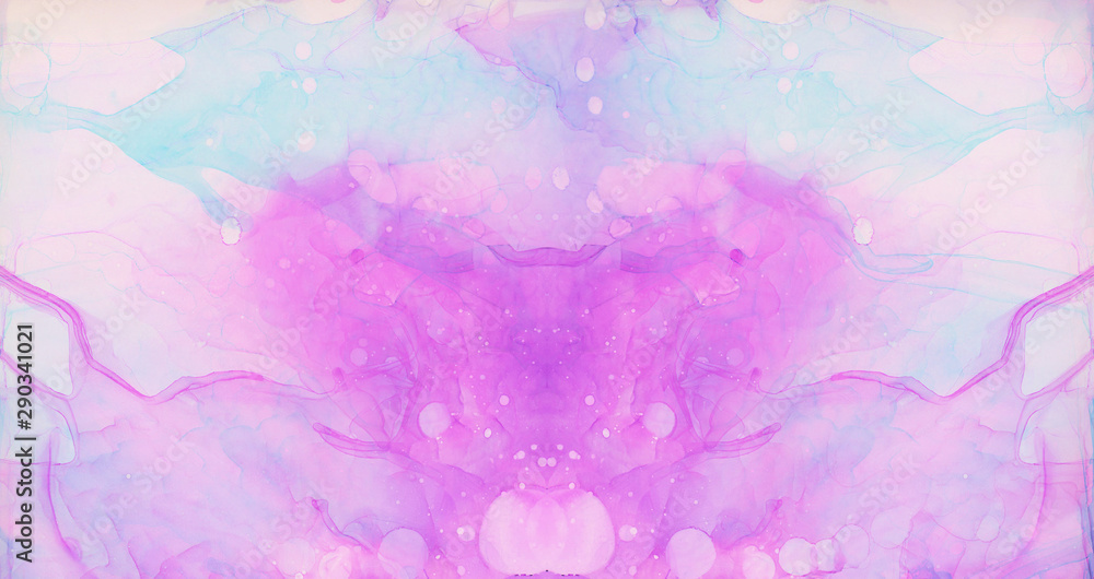 Fantasy light blue, pink and purple alcohol ink abstract background. Bright liquid watercolor paint splash texture effect illustration for card design, modern banners, ethereal graphic design.
