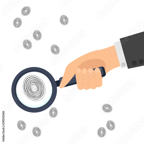 Detective s hand holds traces of a magnifying glass. Investigation fingerprint