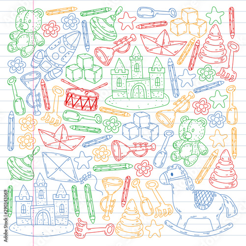kindergarden doodles elements. patern with toys, objects. Cute child pattern. Endless texture for your design, greeting cards, posters . vector