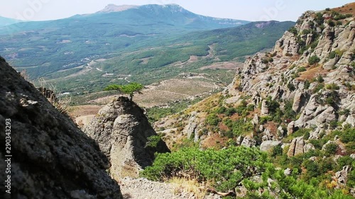 Famous Ghost Valley with strangly shaped rocks. Demerdji mountains. Crimea photo