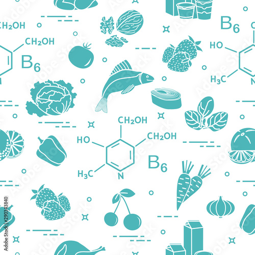 Seamless pattern with foods rich in vitamin B6.