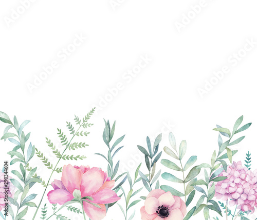 Watercolor seamless pattern with eucalyptus branch, fern and hydrangea. Hand ...