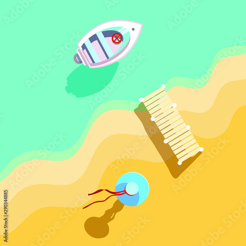a young misterious woman wearing a large summer hat walks on a hot yellow sand along the sea with a pontoon close by and a white boat floating in the cristal clean  water  - flat vector illustration