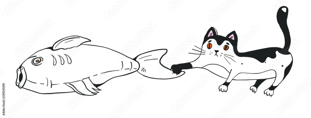 a cute funny cat steals a big fish with his claws and looking innocent - white and black hand drawn vector illustration a cute funny cat steals a big fish with his claws and looking innocent - white and black hand drawn vector illustration